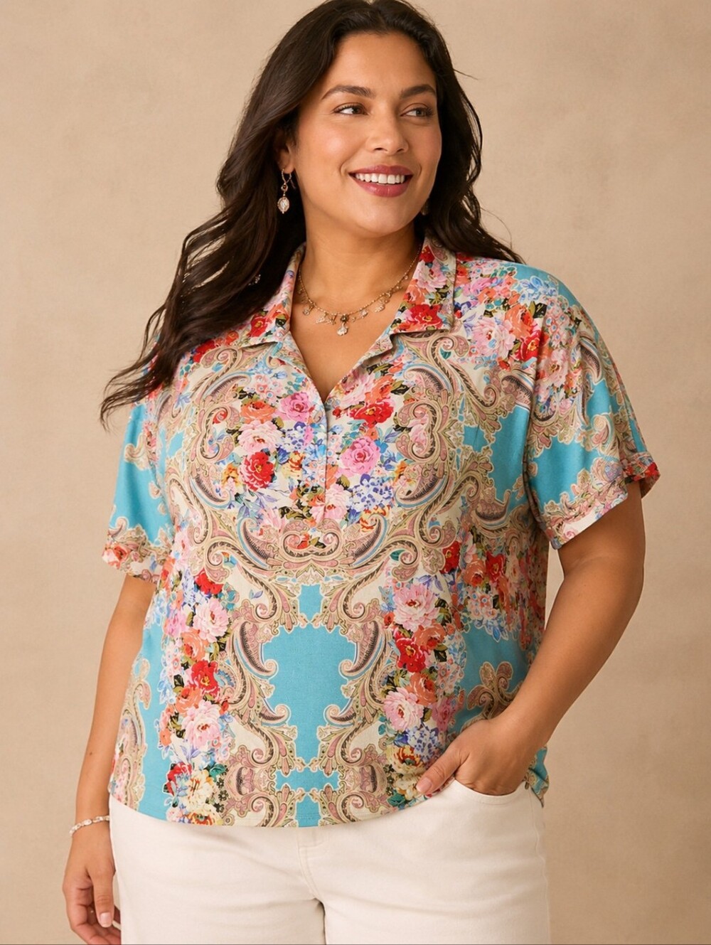 Johnny Was Rivoray Short Sleeve Polo 2X Floral Paisley Blue Boho Stretch Knit